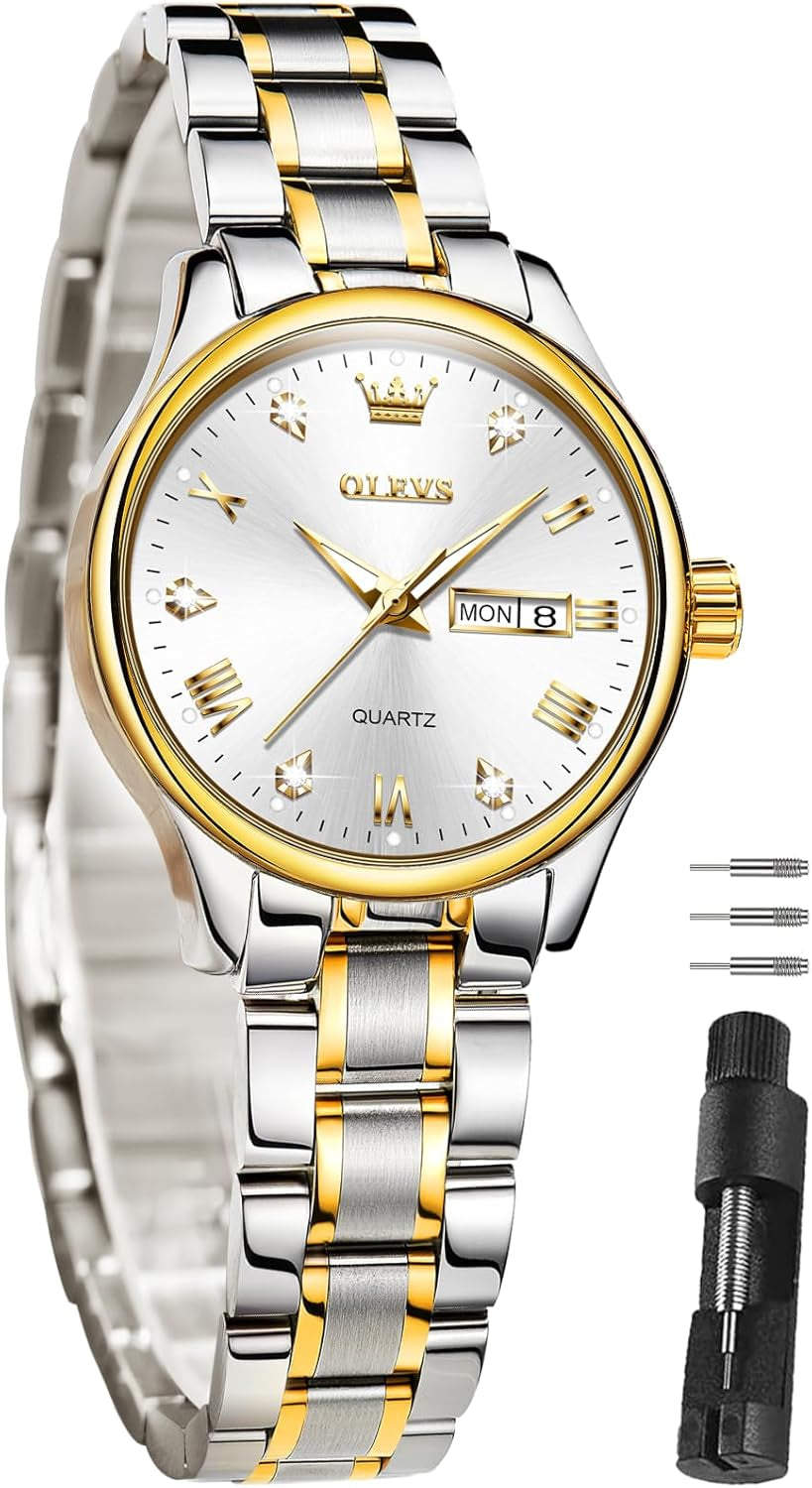 Women Watches Date and Day,Ladies Watches with Silver Gold Stainless Steel,Elegent Female for Small Wrist Watch(White/Black/Blue/Gold Face)