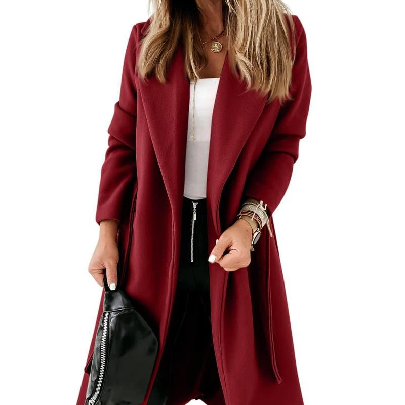 Imily Bela Womens Classic Coat Lapel Collar Open Front Belted Long Jacket M9S050
