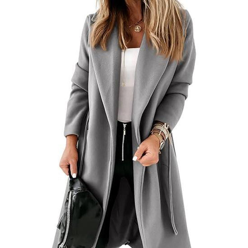 Imily Bela Womens Classic Coat Lapel Collar Open Front Belted Long Jacket M9S050