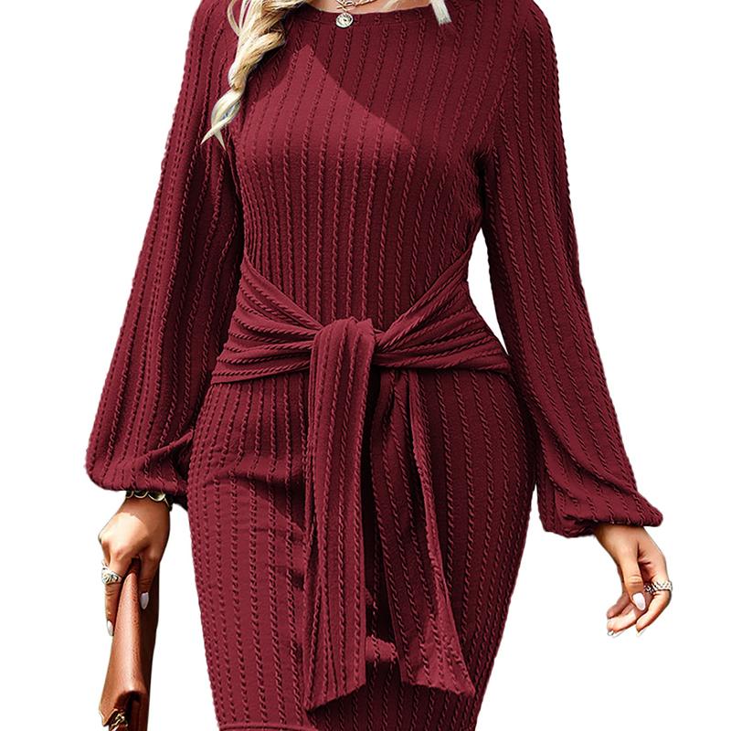 HOTOUCH 2025 Fall New Arrivals Women'S Casual Knit Dress Long Lantern Sleeve Fall Bodycon Dress Crewneck Tie Waist Rib Knitted Sweater Dresses