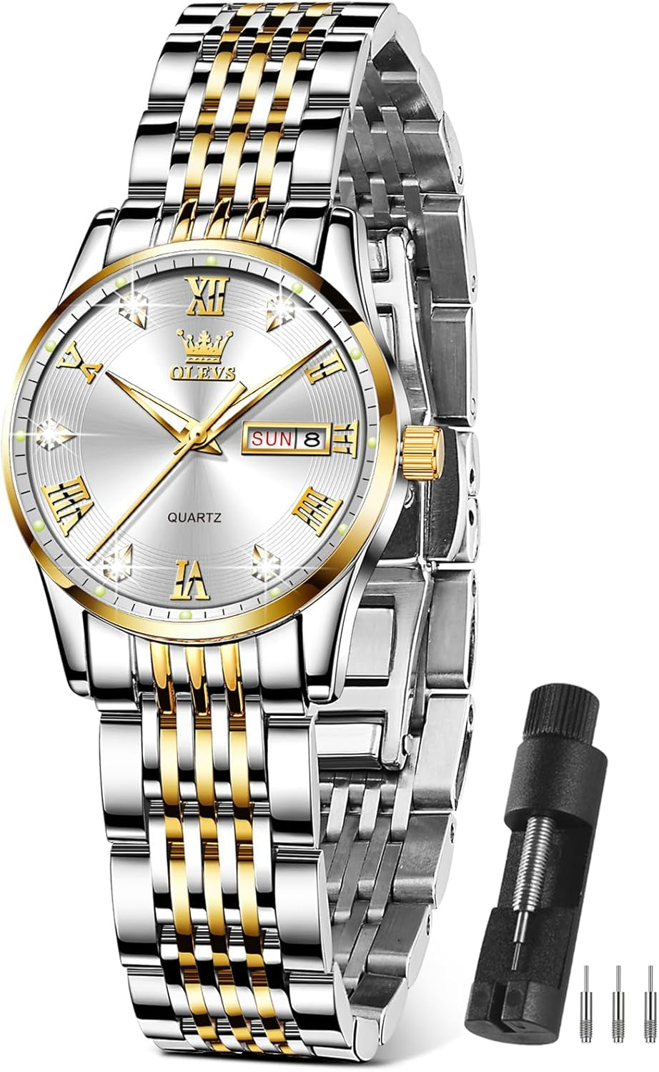 Women Watches Date and Day,Ladies Watches with Silver Gold Stainless Steel,Elegent Female for Small Wrist Watch(White/Black/Blue/Gold Face)