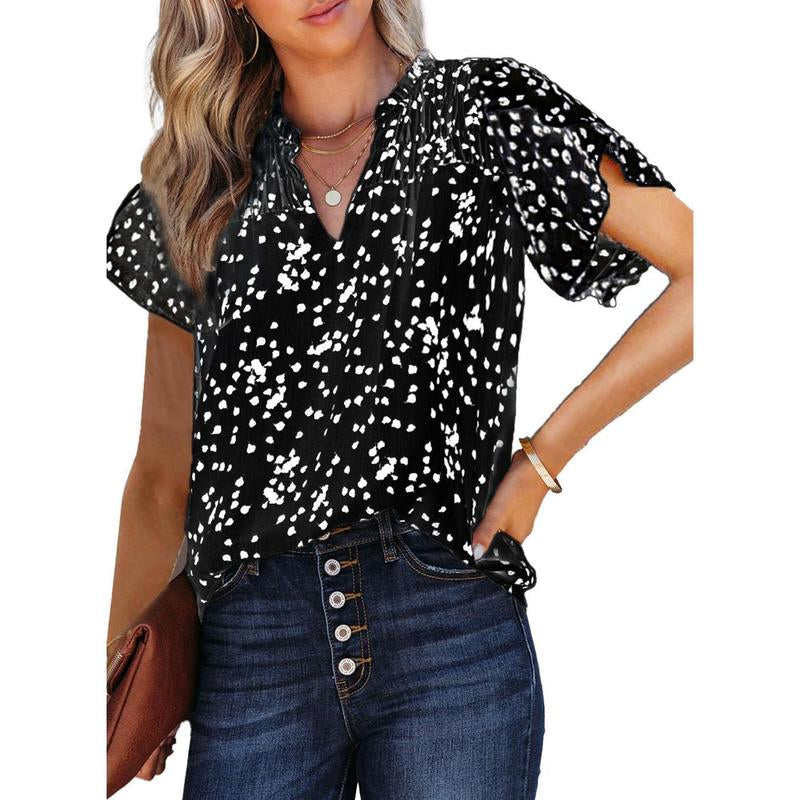 Dokotoo Women'S Casual V Neck Alicia Floral Print Smocked Short Sleeve Chiffon Blouses Bohemian Top Shirts