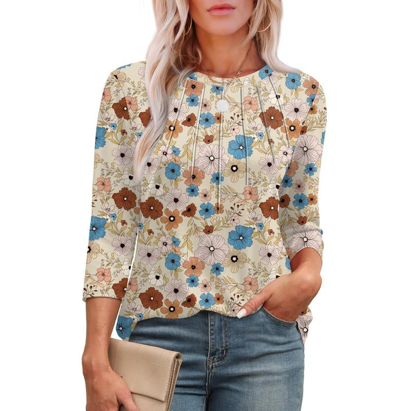 WIHOLL 3/4 Length Sleeve Womens Tops round Neck Casual Tunic Tops Basic Pleated Shirts Loose Fit 2024