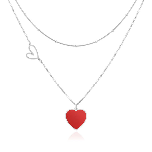 Linawe Silver Red Heart Pendant Necklace Layered Chain Choker Necklaces for Women Trendy Stainless Steel Stacked Necklaces Y2K Preppy Double Heart Jewelry Lover Necklace