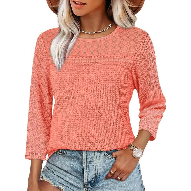 OFEEFAN Women Blouses Dressy Casual 3/4 Length Sleeve Tops plus Size Fall Clothes Lace Crochet Trendy Waffle Shirts