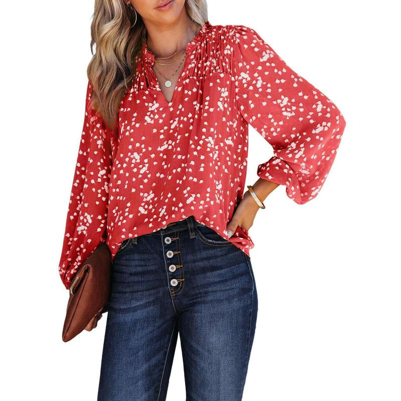 Dokotoo Women'S Casual V Neck Alicia Floral Print Smocked Long Sleeve Chiffon Blouses Bohemian Top Shirts