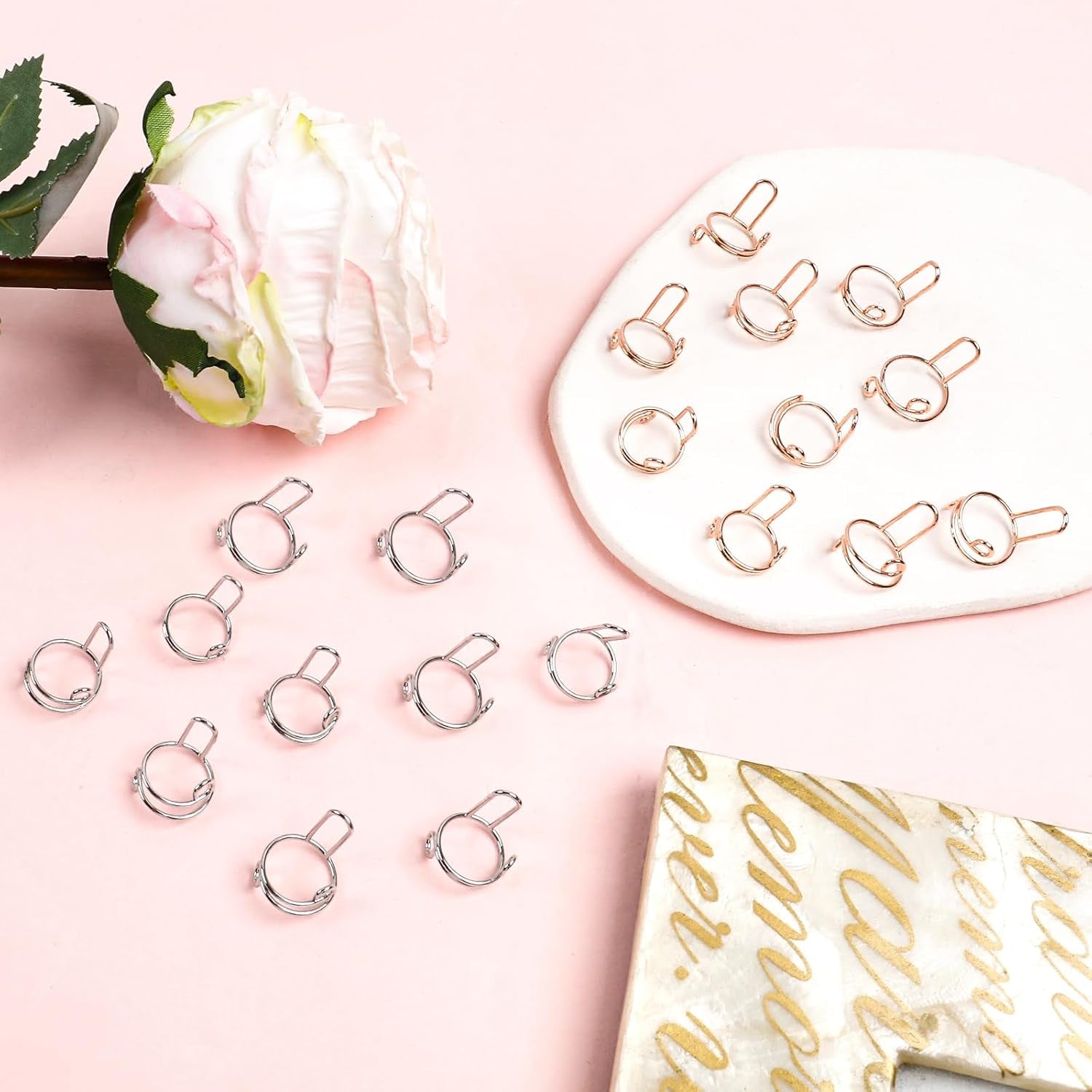 20Pcs Size Adjustable Wudu Rings with 120Pcs Adhesive Nail Tabs, Reusable Detachable Rings for Halal Nail, Muslim Wearing Manicure (Rose Gold, Silver)