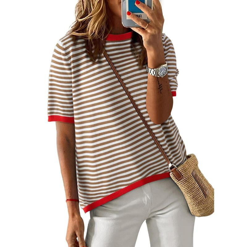 Dokotoo Womens Tops Casual Summer Crewneck Short Sleeve Striped Color Block Knit High Low Trendy Pullover Sweaters