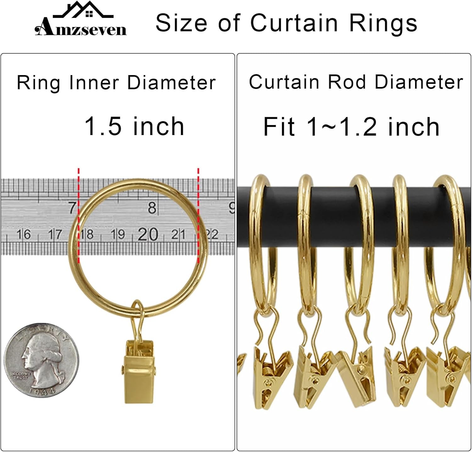 100 Pack Metal Curtain Rings with Clips, Drapery Clips Hooks, Decorative Curtain Rod Clips 1.5 in Interior Diameter, Gold