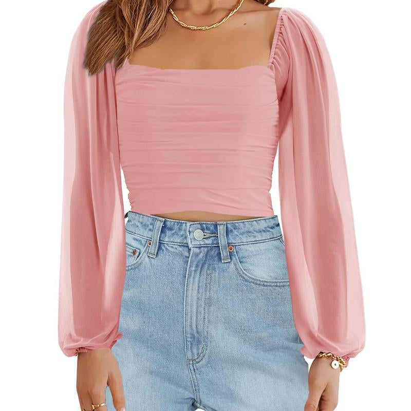 Tankaneo Women'S Summer Mesh Long Sleeve Tops Square Neck Ruched Party Club Casual Crop Blouse Shirt RP5408