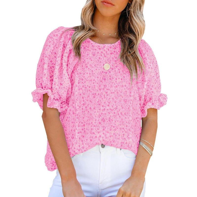 Dokotoo Floral Print Blouses for Women Crewneck Smocked Puff Sleeve Shirts Casual Babydoll Tops