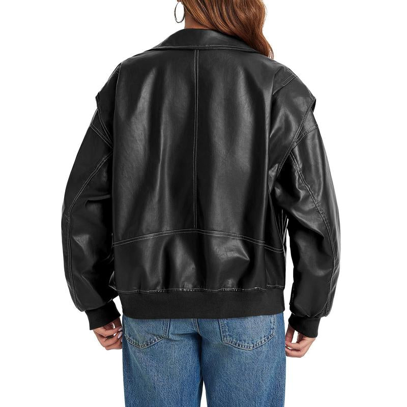 Goranbon Womens Oversized Leather Bomber Jackets Cap Sleeve Zip up Motorcycle Coats with Pockets