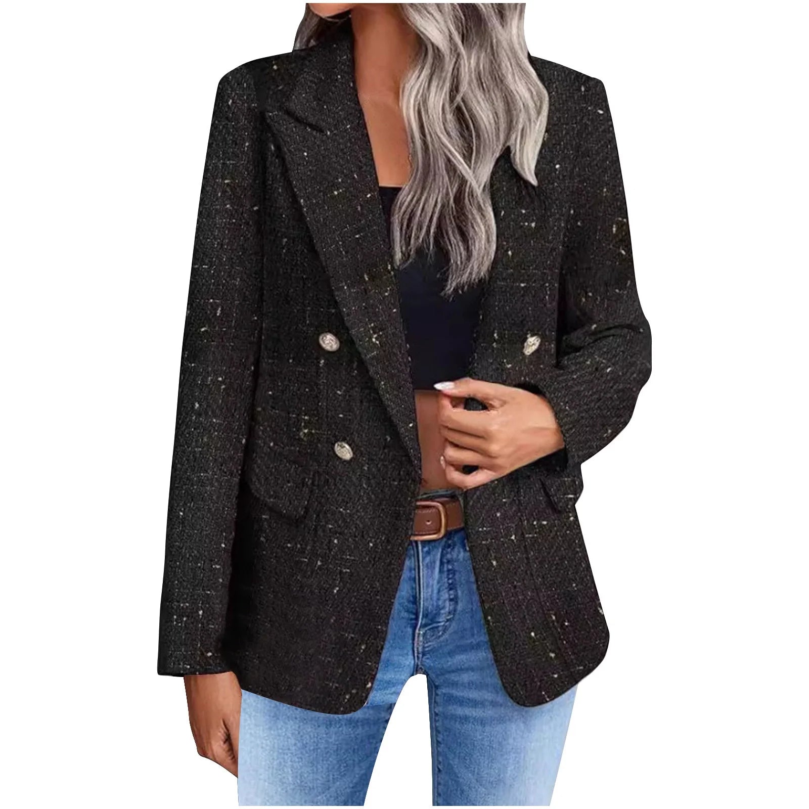 Women'S Blazers Tweed Plaid Blazer Jacket Fashion Business Casual Lapel Elegant Coat with Pockets (Beige,S)