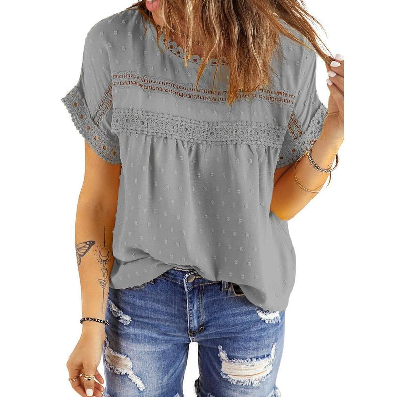Dokotoo Womens Summer Tops Crewneck Lace Crochet Short Sleeve Shirts Casual Chiffon Blouses