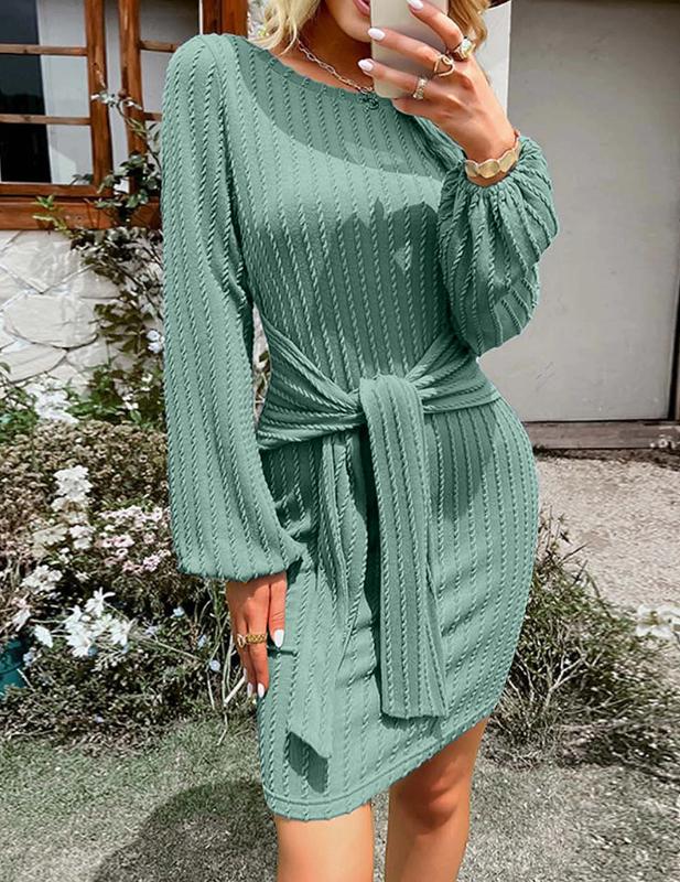 HOTOUCH 2025 Fall New Arrivals Women'S Casual Knit Dress Long Lantern Sleeve Fall Bodycon Dress Crewneck Tie Waist Rib Knitted Sweater Dresses