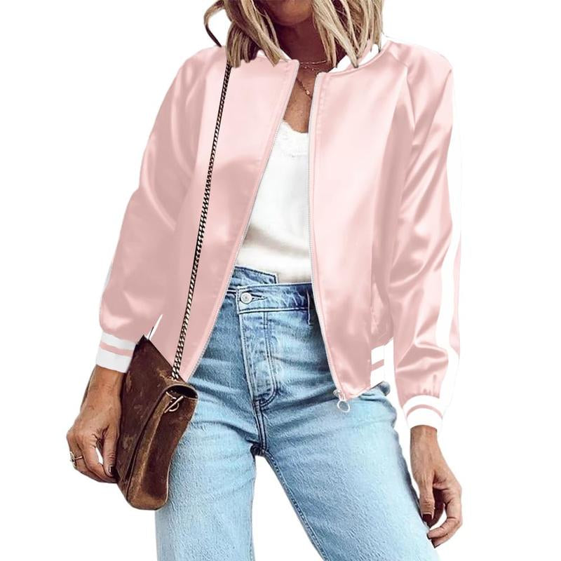 ZEAGOO Women Bomber Jacket Lightweight Zip up Jacket Casual Striped Jacket Coat Outerwear Windbreaker with Pockets