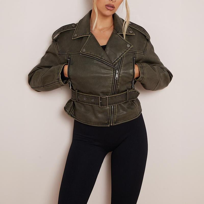 Katchme Womenswear Epaulets Zipper Belt Decor PU Biker Jacket Coats,Outerwear Jacket,Ladies Biker Zipper Pocket Clothes Womenswear