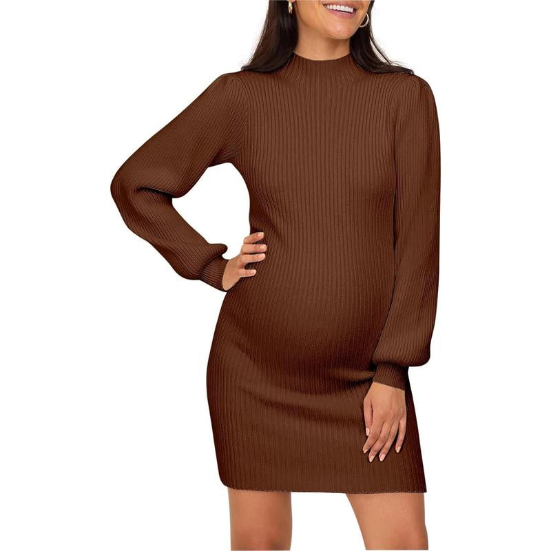 Wenrine Maternity Sweater Dress for Pregnant Women Turtleneck Puff Sleeve Knit Slim Fit Bodycon Mini Dress
