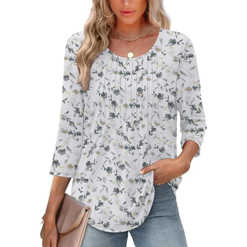 WIHOLL 3/4 Length Sleeve Womens Tops 2025 Crewneck Casual Pleated Tunic Tops Loose Fit Shirts Blouses Curved Hem