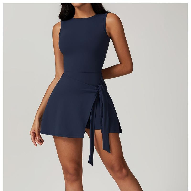Women'S Tennis Dress with Built-In Shorts, Ruffle Side Slit and Tie Front Design - Sleeveless Athletic Dress for Summer Workouts Exercise Sport
