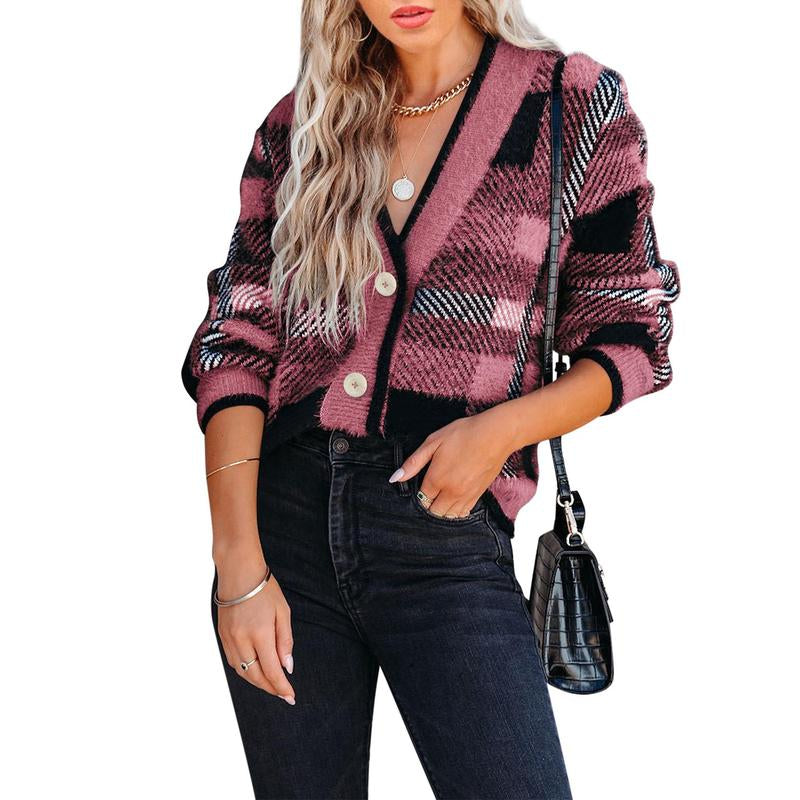 Womens Cardigan Sweaters Plaid Fuzzy Knit V Neck Button down Long Sleeve Cozy Cardigans Pullover Tops