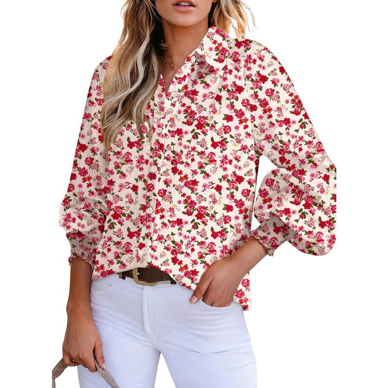Dokotoo Women'S Casual V Neck Allover Floral Print Long Sleeve Chiffon Button down Blouses Bohemian Top Shirts