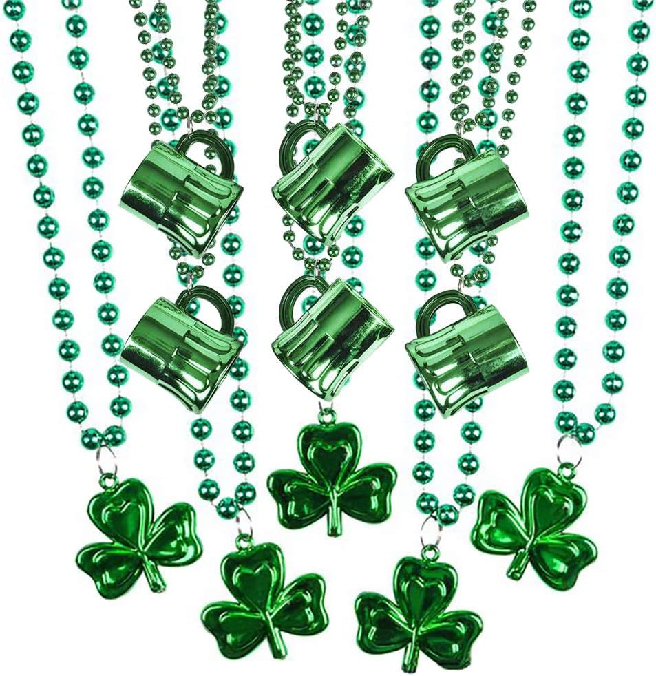 St. Patrick'S Beer Mug Beads & Shamrock Necklace Variety Pack, Metallic Green, 33 Inch (8Mm) (12-Pack)