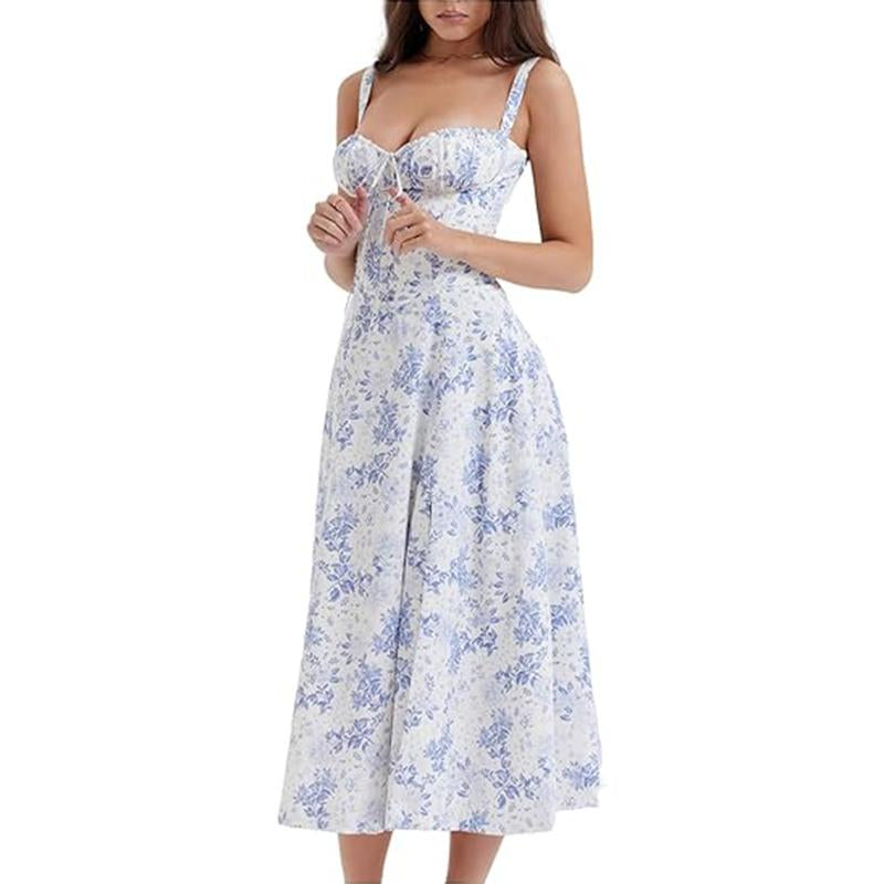 Women'S Floral Print Tie-Up Sleeveless Slit Thigh Dress, Casual Fashion Off-The-Shoulder A-Line Milkmaid Dress, Suitable for Spring and Summer, Beach Vacation
