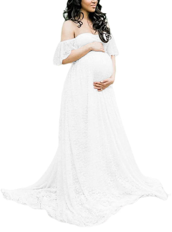 ZIUMUDY Photography Maternity Dress Off Shoulder Lace Baby Shower Pregnant Wedding Dress (White Large)
