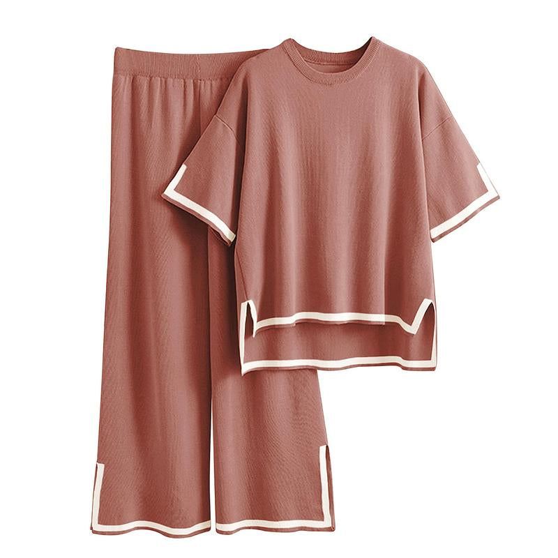 Naeduo Sweater Sets Women 2 Piece Lounge Sets Short Sleeve Knit Pullover Tops Wide Leg Pants