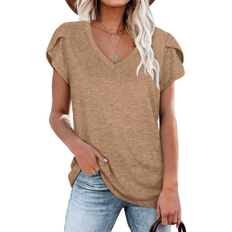WIHOLL Womens Tops V Neck Summer Petal Sleeve Casual Tshirts