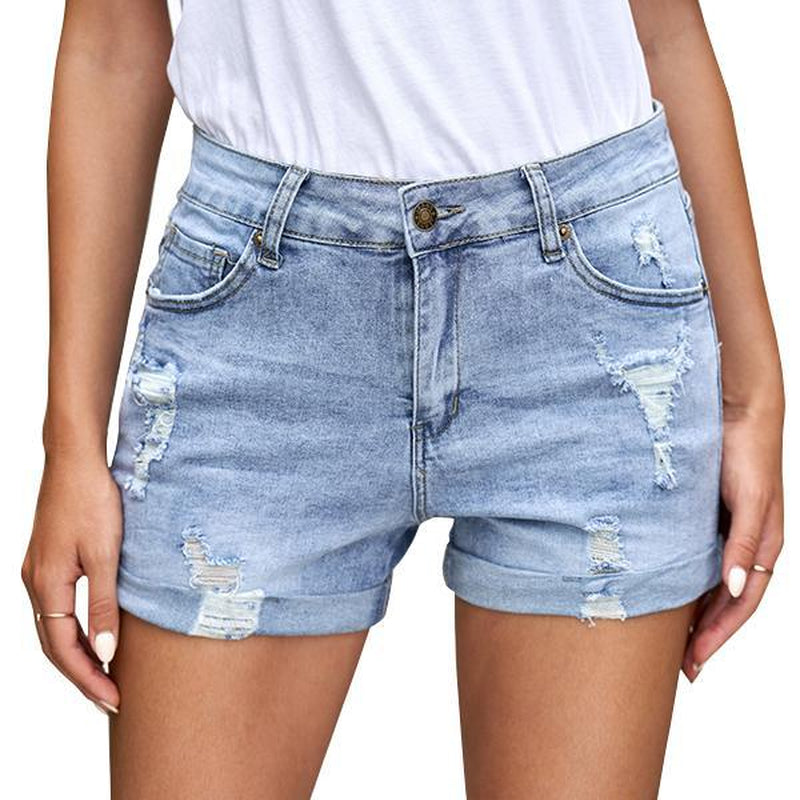 Luvamia Denim Shorts Women'S Ripped Jean Shorts High Waisted Stretchy Folded Hem Short Jeans