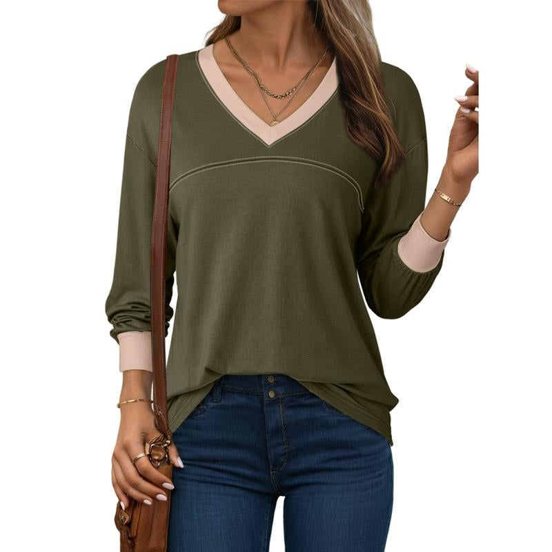 Dokotoo Women Blouses Dressy Casual Long Sleeve Shirts V Neck Color Block Tops Fall Outfits 2025