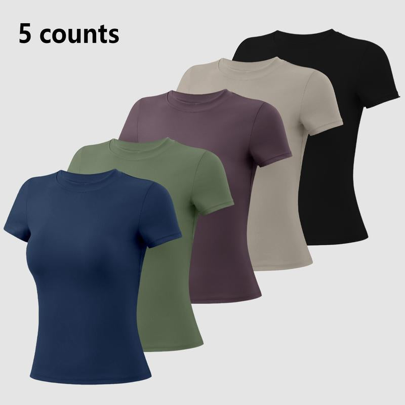 Timeoff 5 - Piece Solid Sports Tee Set , round Neck, Slim & Stretchy , Ideal for Yoga, Gym , Workouts – Women’S Athletic Wear