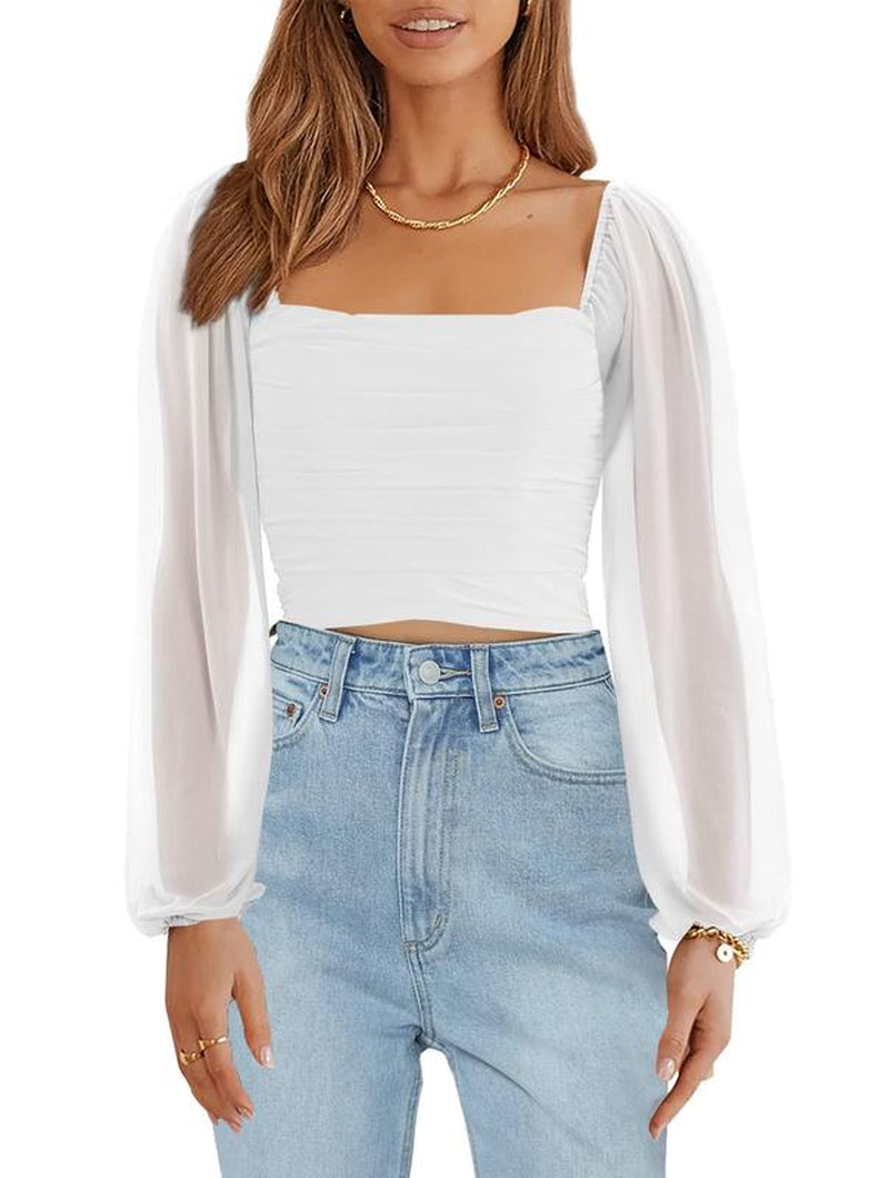 Tankaneo Women'S Summer Mesh Long Sleeve Tops Square Neck Ruched Party Club Casual Crop Blouse Shirt RP5408