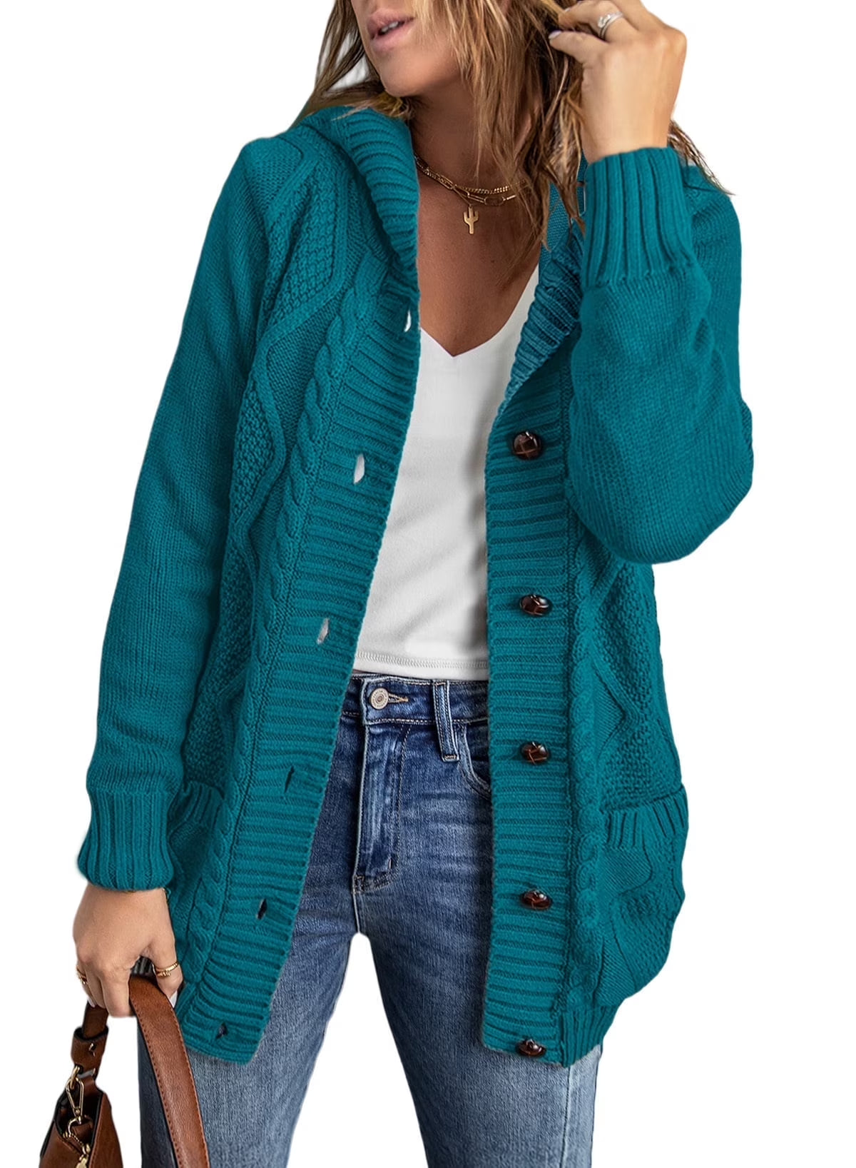 Hooded Cardigan Sweaters for Women Long Sleeve Button down Knit Sweater Coat Outwear with Pockets