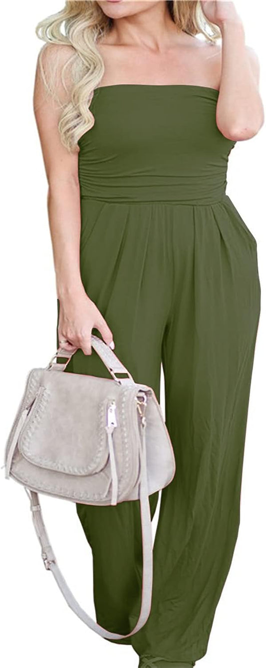 Women'S Tube Top Strapless off Shoulder Loose Wide Leg Jumpsuit Romper with Pockets