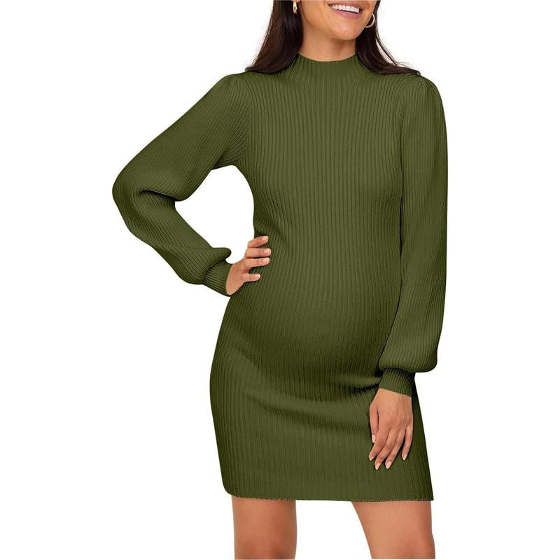 Wenrine Maternity Sweater Dress for Pregnant Women Turtleneck Puff Sleeve Knit Slim Fit Bodycon Mini Dress