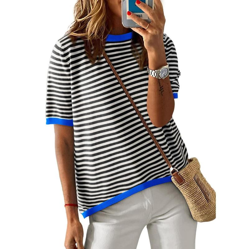 Dokotoo Womens Tops Casual Summer Crewneck Short Sleeve Striped Color Block Knit High Low Trendy Pullover Sweaters