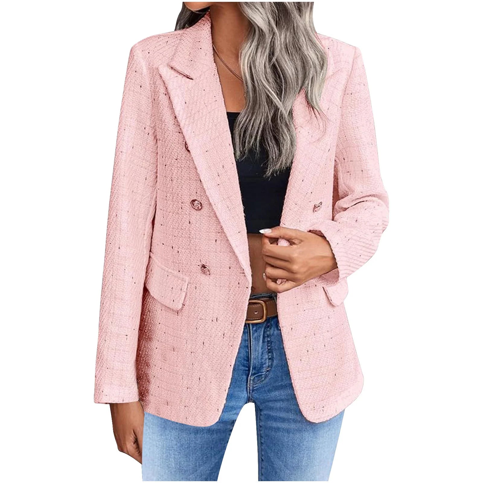Women'S Blazers Tweed Plaid Blazer Jacket Fashion Business Casual Lapel Elegant Coat with Pockets (Beige,S)