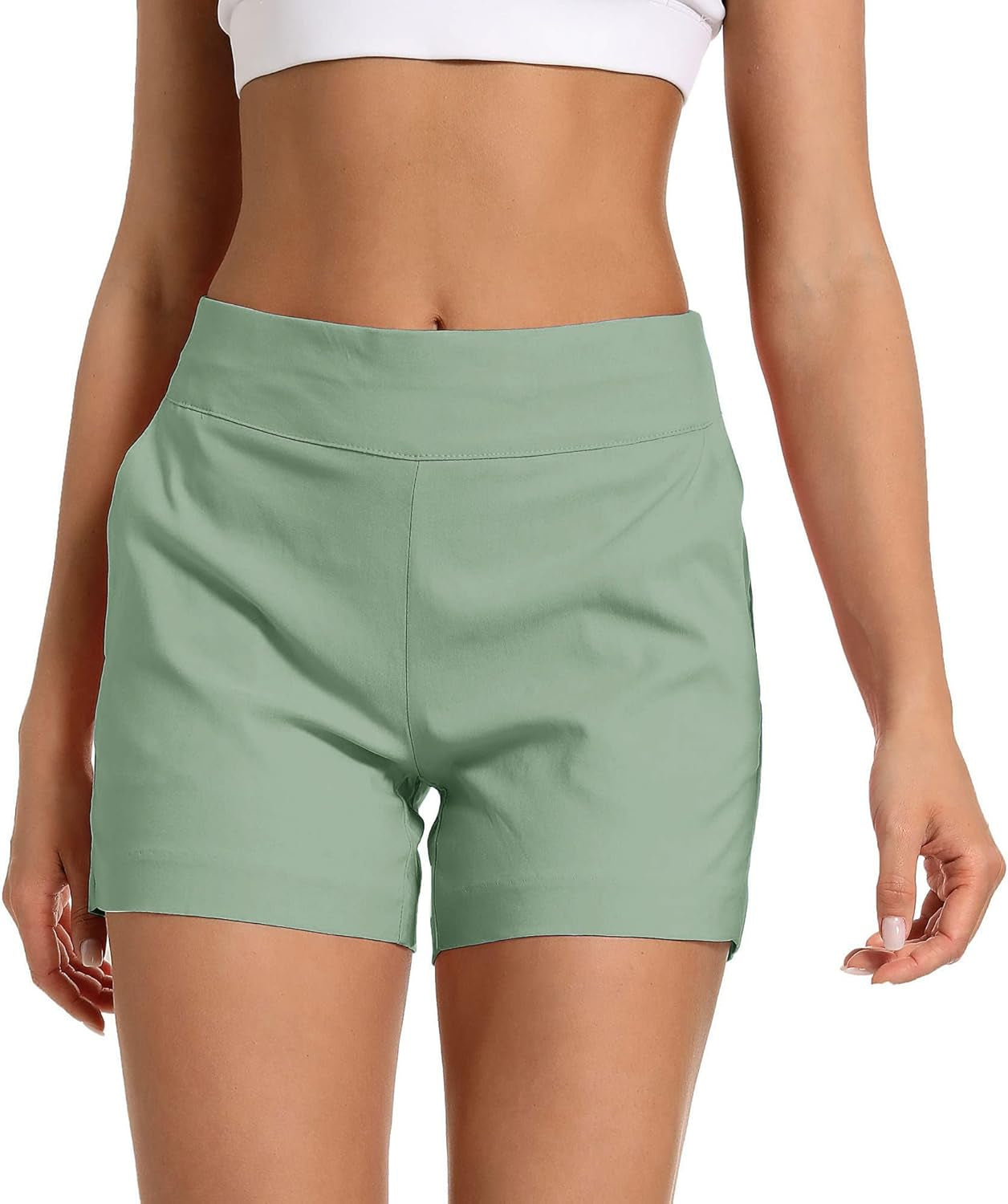Women'S Chino Shorts - 4" Inseam, High Waisted, Elastic, Summer Casual Shorts with 2 Front Pockets