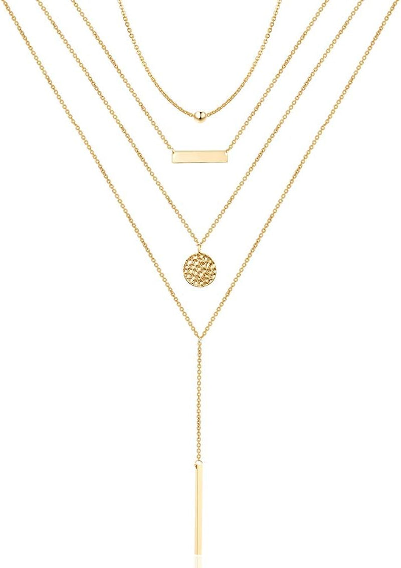 Dainty Layered Choker Necklace, Handmade 14K Gold Plated Y Pendant Necklace Multilayer Bar Disc Necklace Adjustable Layering Choker Necklaces for Women