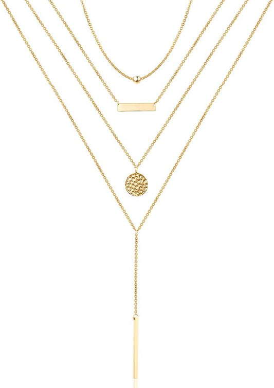 Dainty Layered Choker Necklace, Handmade 14K Gold Plated Y Pendant Necklace Multilayer Bar Disc Necklace Adjustable Layering Choker Necklaces for Women