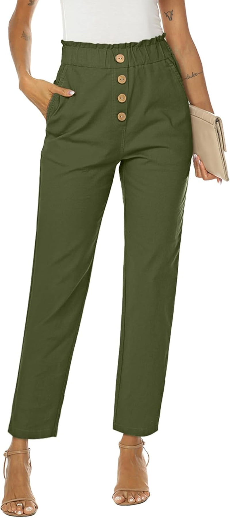 Womens Casual Pants High Waisted Work Pants Elastic Cropped Dress Paper Bag Pants with Pockets