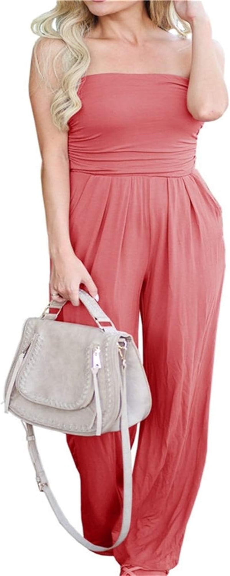 Women'S Tube Top Strapless off Shoulder Loose Wide Leg Jumpsuit Romper with Pockets