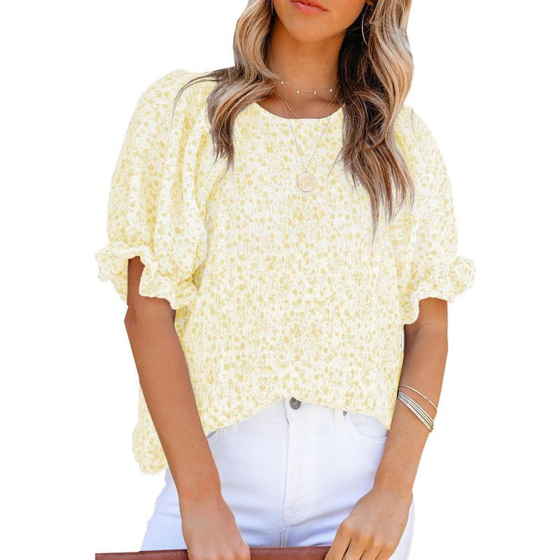 Dokotoo Floral Print Blouses for Women Crewneck Smocked Puff Sleeve Shirts Casual Babydoll Tops