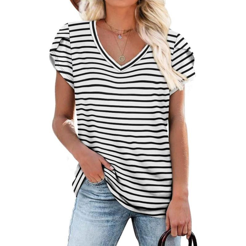 WIHOLL Womens Tops V Neck Summer Petal Sleeve Casual Tshirts
