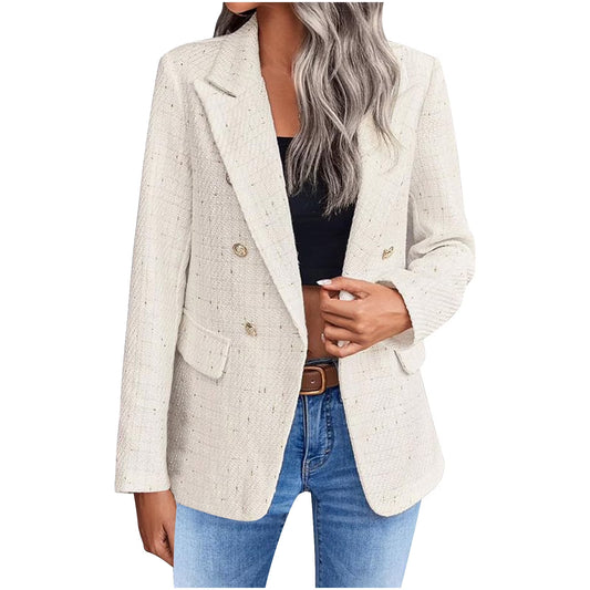 Women'S Blazers Tweed Plaid Blazer Jacket Fashion Business Casual Lapel Elegant Coat with Pockets (Beige,S)