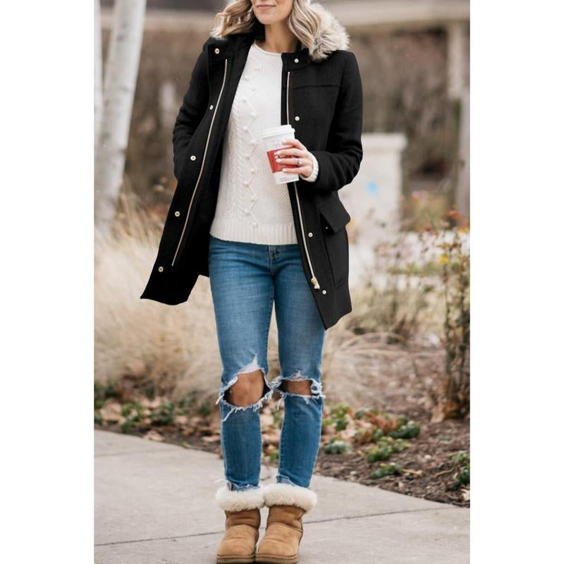 Goranbon Womens Coats Fall Winter Mid Length Thick Warm Pea Coat Elegant Faux Wool Coat with Detachable Hat Jacket Outerwear