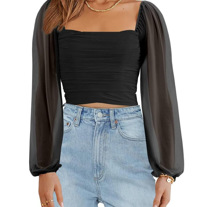 Tankaneo Women'S Summer Mesh Long Sleeve Tops Square Neck Ruched Party Club Casual Crop Blouse Shirt RP5408